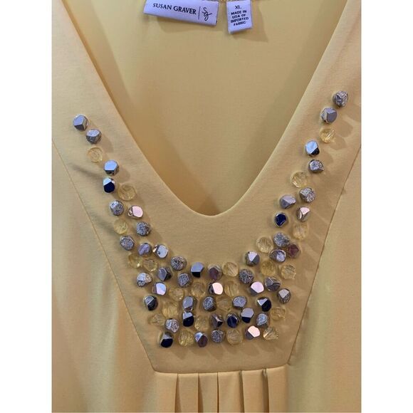 SUSAN GRAVER TOP YELLOW EMBELLISHED NECKLINE LIQUID KNIT SHORT SLEEVE SZ XL - Picture 8 of 10